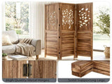 3 Panel Paulownia Wood Folding Room Divider, Tree Leaf Cutout Top & Louvered Lower Panel 43494743