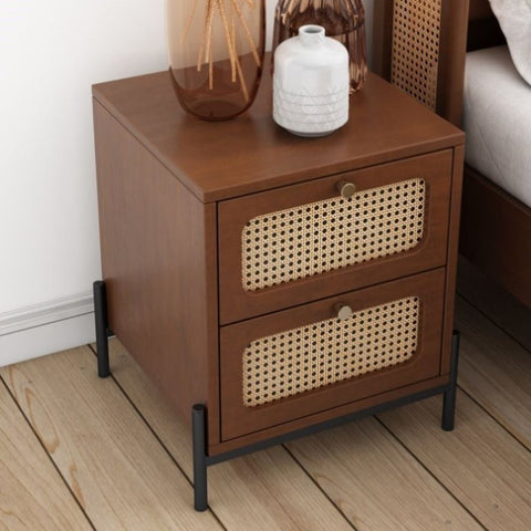 ZUN Modern Cannage Rattan Wood Closet 2-Drawer Side Table End Table Nightstand for Bedroom, Living Room, 44170107