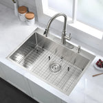 ZUN Stainless Steel 30 in 2-Hole Single Bowl Drop-In Kitchen Sink with Bottom Grid and Basket Strainer JYSDS3011BN