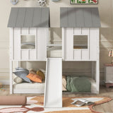 Twin over Twin House Bunk Bed with Slide and Windows,White 56897346