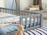 Double Twin Floor Bed with Fence, Guardrails, without door, Grey W504P143285