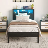 Twin Size Bed Frame with Storage Headboard, Metal Platform Bed with Charging Station, Bookcase W840P201065