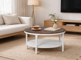 Round 2-Tier Wood Coffee Table, Dark Walnut Finish with Black Wood Grain, White Textured 27271682
