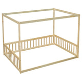 Full Size Canopy Frame Floor Bed with Fence, Guardrails,Natural W504P143283