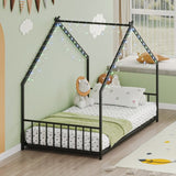 Twin size children's bed frame with LED light strips, roof-shaped iron frame bed, black,78.5" L x 49013984