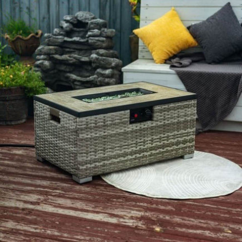 ZUN Beige Rattan Fire Pit Table with Tank Holder and Ceramic Tile Tabletop W853P202196