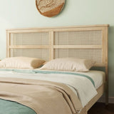 Queen Size Rubber Wooden, Solid Wooden Bed with Rattan Headboard, Enhanced by Support Feet,Oak White W504P184305