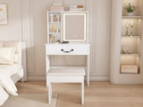 Modern Mini Dressing Table with LED-lit Mirror & Hidden Storage,Includes Padded Stool,Adjustable 17689128