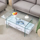 ZUN 43.3 Inch Modern Two-Tier Coffee Table - Clear Tempered Glass and White Marble Texture, W1151P232633