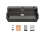 Stainless Steel Kitchen Sink, 33x22 Single Bowl, Overmount Handmade Sink in Black, with Cutting T3177P296187