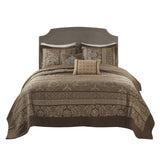 5 Piece Reversible Jacquard Bedspread Set Brown/Gold Queen B03597513