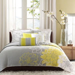 ZUN 6 Piece Printed Cotton Quilt Set with Throw Pillows Taupe Grey/Yellow King/Cal King B03597468