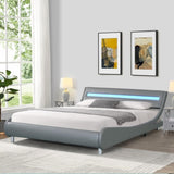 Faux Leather Upholstered Platform Bed Frame with led lighting , Curve Design, Wood Slat Support, No W2297140906