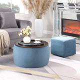 Round Ottoman Set with Storage, 2 in 1 combination, Round Coffee Table, Square Foot Rest W142065118