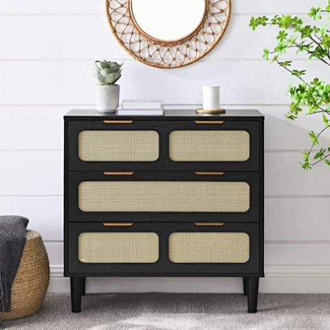 ZUN 3 drawer dresser, modern rattan dresser cabinet with wide drawers and metal handles, farmhouse W1781132478