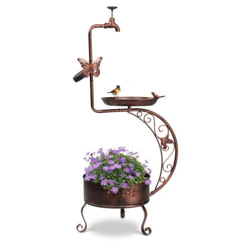 ZUN 36 inch Bird Baths for Outdoors, Vintage Metal Garden Bird Bath with Solar Lamp and Flower Planter 98260566