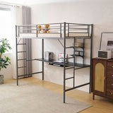 Twin Size Metal Bed with Desk and Storage Shelves, 2 Built-in Ladders & Full-Length Guardrails, 46259316