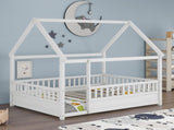 Full Size Floor Wooden Bed with House Roof Frame, Fence Guardrails,White W1858123986