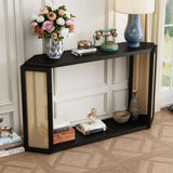 ZUN TREXM Unique Arrow-Shaped Design Console Table with Open Shelf and Rattan Side for Living Room and N715P228111B