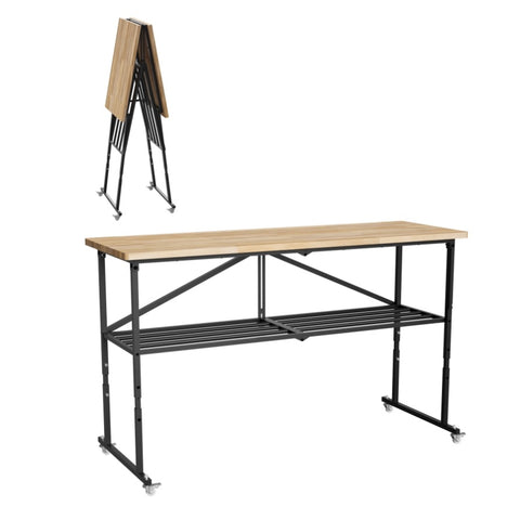 Foldable Hardwood Workbench Adjustable Wood-Top Utility Table with Locking Casters 11323041