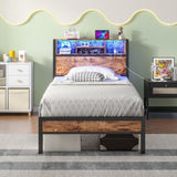 Twin Size Bed Frame with Storage Headboard, Metal Platform Bed with Charging Station, Bookcase W840P294072