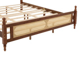 King Pine wooden Bed with Rattan Headboard and Footboard, with Central Enhanced Bed Platform,Walnut W504P269835