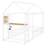 Twin Size Metal Bed House Bed Frame with Desk, Shelves, Power Outlets and USB Ports, White N737P173490K