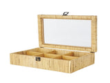 Handmade Wrapped 6 Slot Brown Rattan Decorative Jewelry Box with Tempered Glass Top 36357258