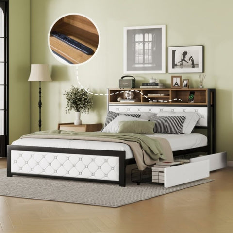 ZUN Metal Queen Size Platform Bed With 4 Drawers, Upholstered Headboard and Footboard, Sockets and USB WF321764AAK
