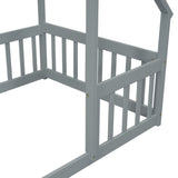 Twin Wood House-Shaped Floor Bed with Fence, Guardrails ,Grey W504P143289