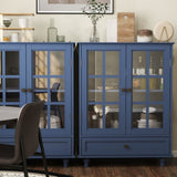 Minimalist Blue Buffet Cabinet with Double Glass Doors and Drawer, Modern Wooden Storage Sideboard W2557P307944
