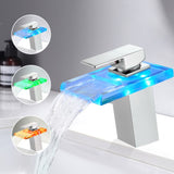 Bathroom Sink Faucet LED Light 3 Colors Changing Waterfall Glass Spout Hot Cold Water Mixer Single W1932P148104