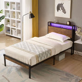 Twin Size Metal Platform Bed Frame with Wooden Headboard and Footboard with USB LINER, LED Lights W311134485