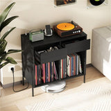 Record Player Storage Stand - Customizable Vinyl Compartments, Built-in Charging Station, Metal Legs 40443998