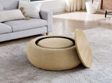 Round Storage Ottoman, Woven rattan fabric Ottoman, 2 in 1 Function, Work as End table and W487P215089