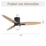 ZUN 56 Inch Modern Design Flush Mount Ceiling Fan with Light and Remote Control, 3 Solid Wood Blades W934P211146