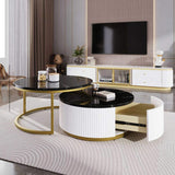 Modern Round Nesting Coffee Table Fluted with Drawer in Black & Gold in 27.6" N735P254992B