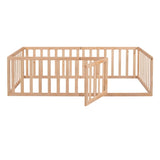 ZUN Twin Size Wood Floor Bed Frame with Fence and Door, Natural 69307729