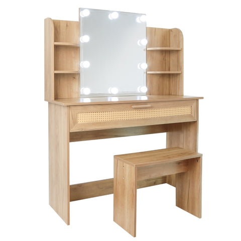 ZUN Vanity Desk Set Stool & Dressing Table with LED Lighting Mirror Drawer and Compartments Modern Wood W1673123627