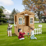 ZUN Wooden Playhouse for Kids Outdoor with Working Door, Windows, Mailbox, Bench, Flowers Pot Holder, W1422P156349