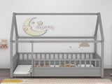 Full Size Floor Wooden Bed with House Roof Frame, Fence Guardrails,Grey W1858123988