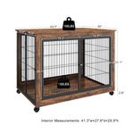 ZUN Furniture Style Dog Crate Side Table onheels with Double Doors and Lift Top. Rustic Brown, 43.7'' W116294466