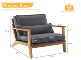 Mid-Century Oak Accent Chair - Linen-Cotton Dark Gray Upholstered Single Lounge Chair, Indoor 18928808