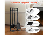 5-Piece Fireplace Tool Set with Square Stand, Includes Tongs, Ash Shovel, Brush, Poker, and Wrought 94136502