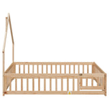 Full House-Shaped Headboard Floor Bed with Fence,Natural W504119482