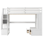 ZUN Full Size Loft Bed with Desk and Shelves, Two Built-in Drawers, Storage Staircase, White 35920794