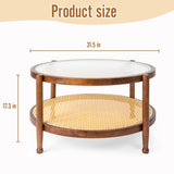 31.5in Rattan Coffee Table with Glass Top, Round End Table, Boho Style Side Table Sofa End Table for 55056269