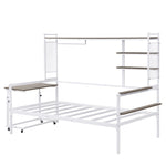 ZUN Twin size Metal Daybed with Movable Desk, Metal Grid, Shelves and Clothes Hanger, White N737P199195K