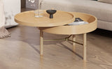 ZUN Modern Round Wood Rotating Tray Coffee Table with Storage & Metal Legs in Natural 99454881