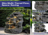 5-Tiered Concrete Tall Slim Fountain, 23.85"H LED-Lit Column, Space-Saving Modern Outdoor Accent, N765P324556G